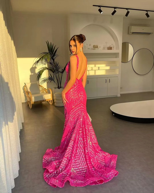 Formal Women's Dresses V Neck Pink Sequin Mermaid Prom Dress Prom Dresses Stores