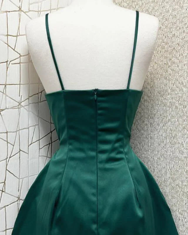 V Neck Short A-line Spaghetti Strap Satin Homecoming Dress