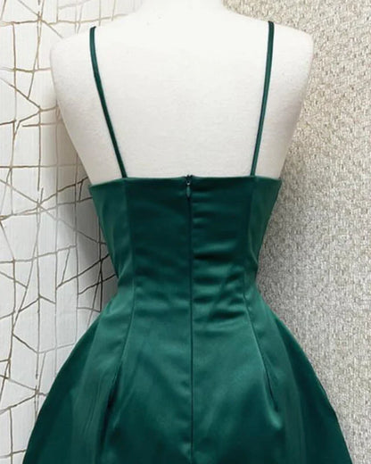 V Neck Short A-line Spaghetti Strap Satin Homecoming Dress
