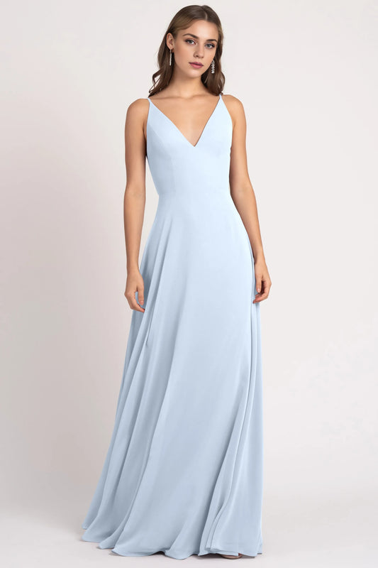 V Neck Spaghetti Straps Sleeveless Chiffon Hot Sale Bridesmaid Dresses for Women A-Line Lace Up V Back Prom Dresses