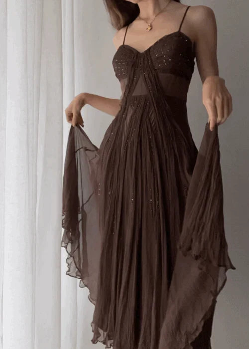 V Neck Tulle Spaghetti Straps Beaded Chiffon Long Prom Dress
