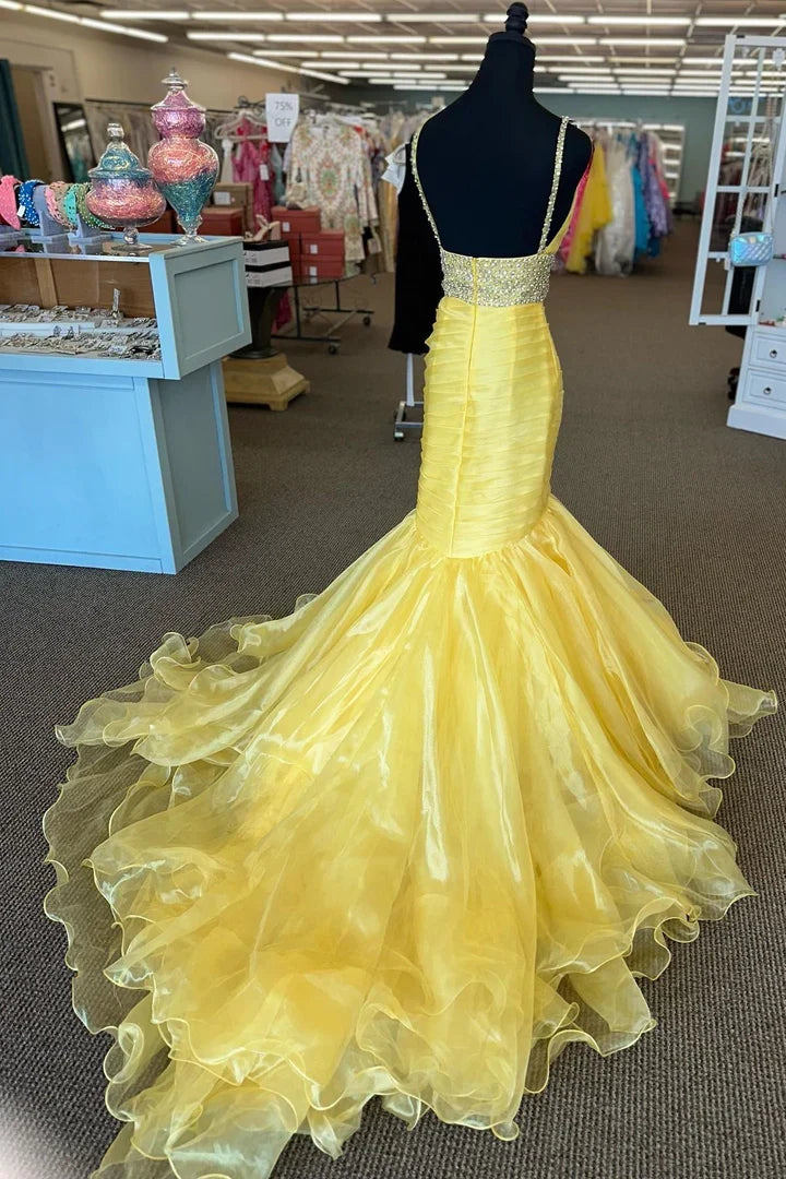 V Neck Yellow Backless Ruffle Beaded Trumpet Long Prom Dress