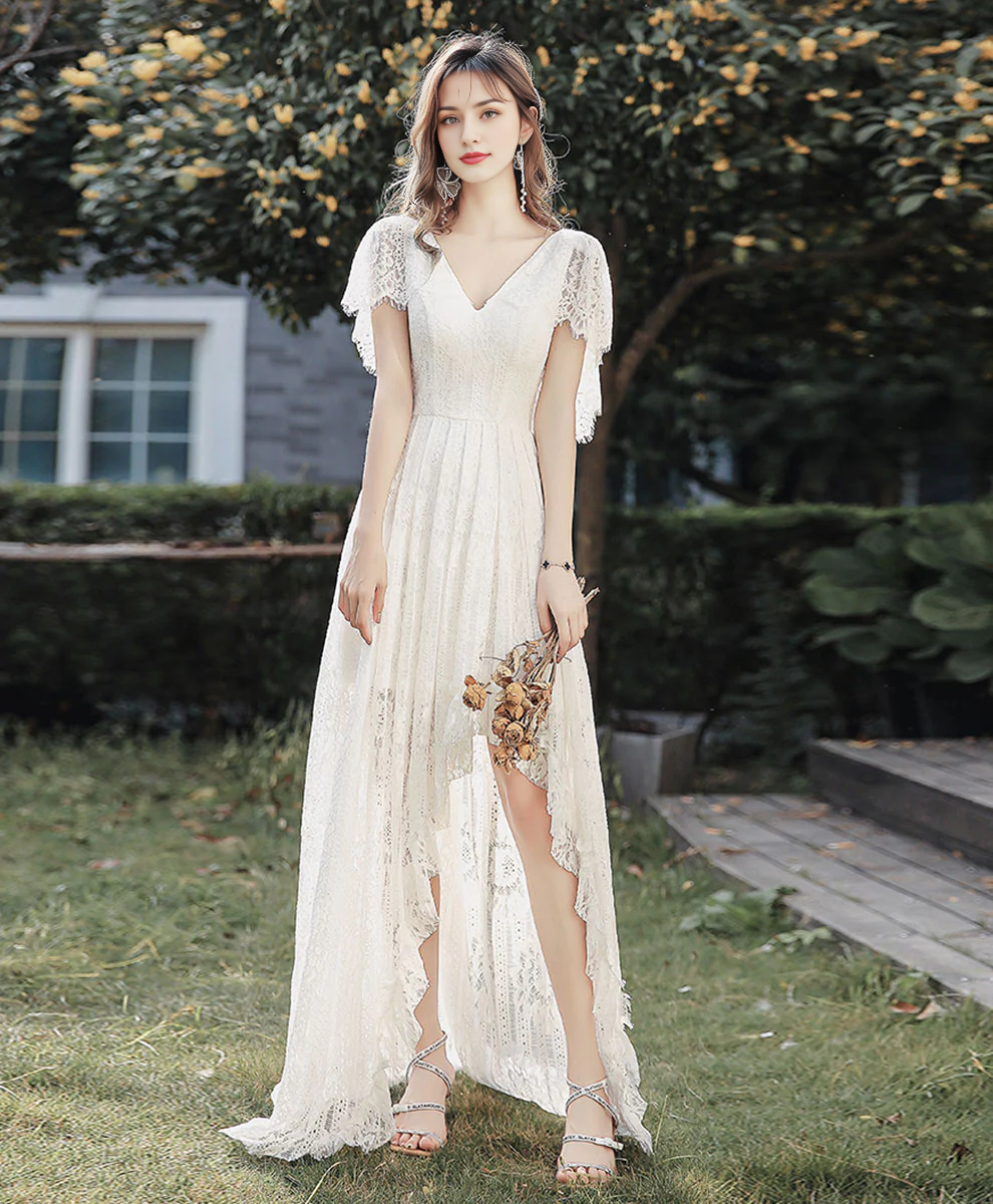 V Neck Lace High Low Backless Prom Dress