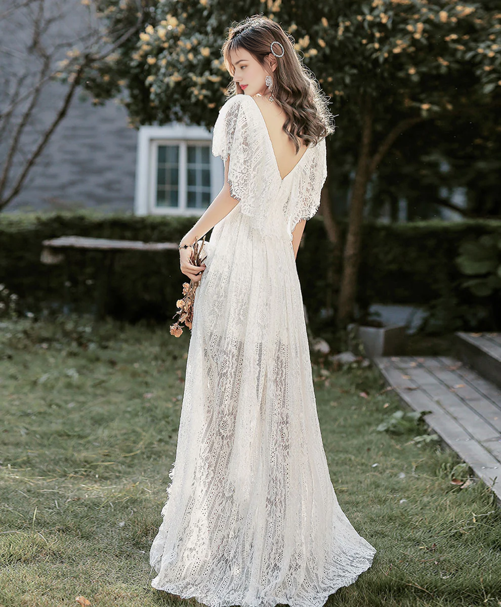 V Neck Lace High Low Backless Prom Dress