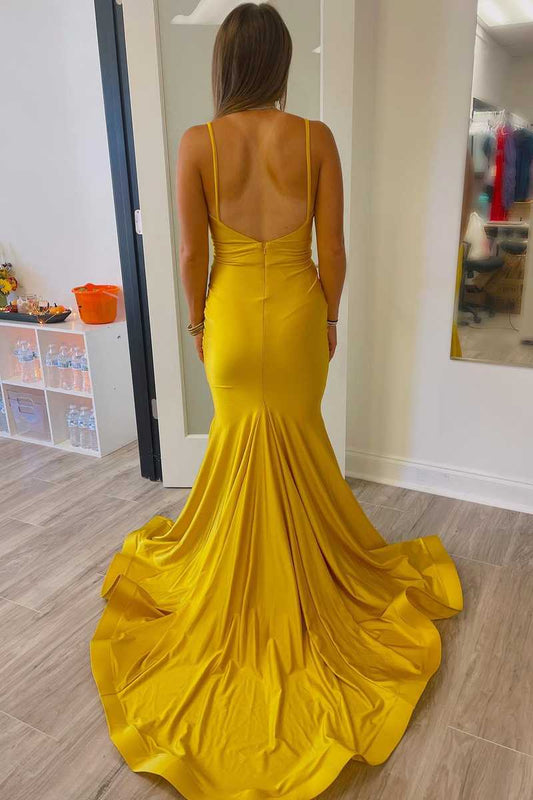 V Neck Prom Evening Dresses Spaghetti Straps Mermaid Pleated With Train