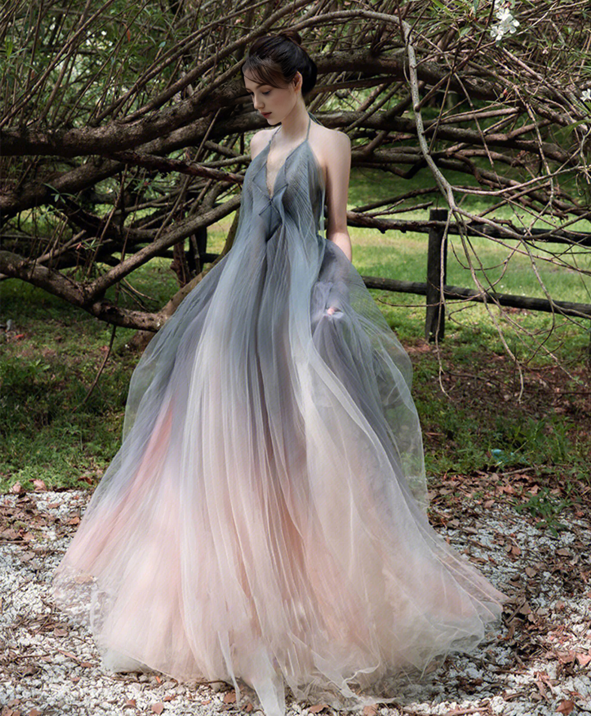 V Neck Tulle Backless Halter Prom Dress