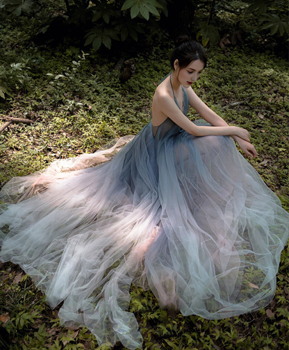 V Neck Tulle Backless Halter Prom Dress