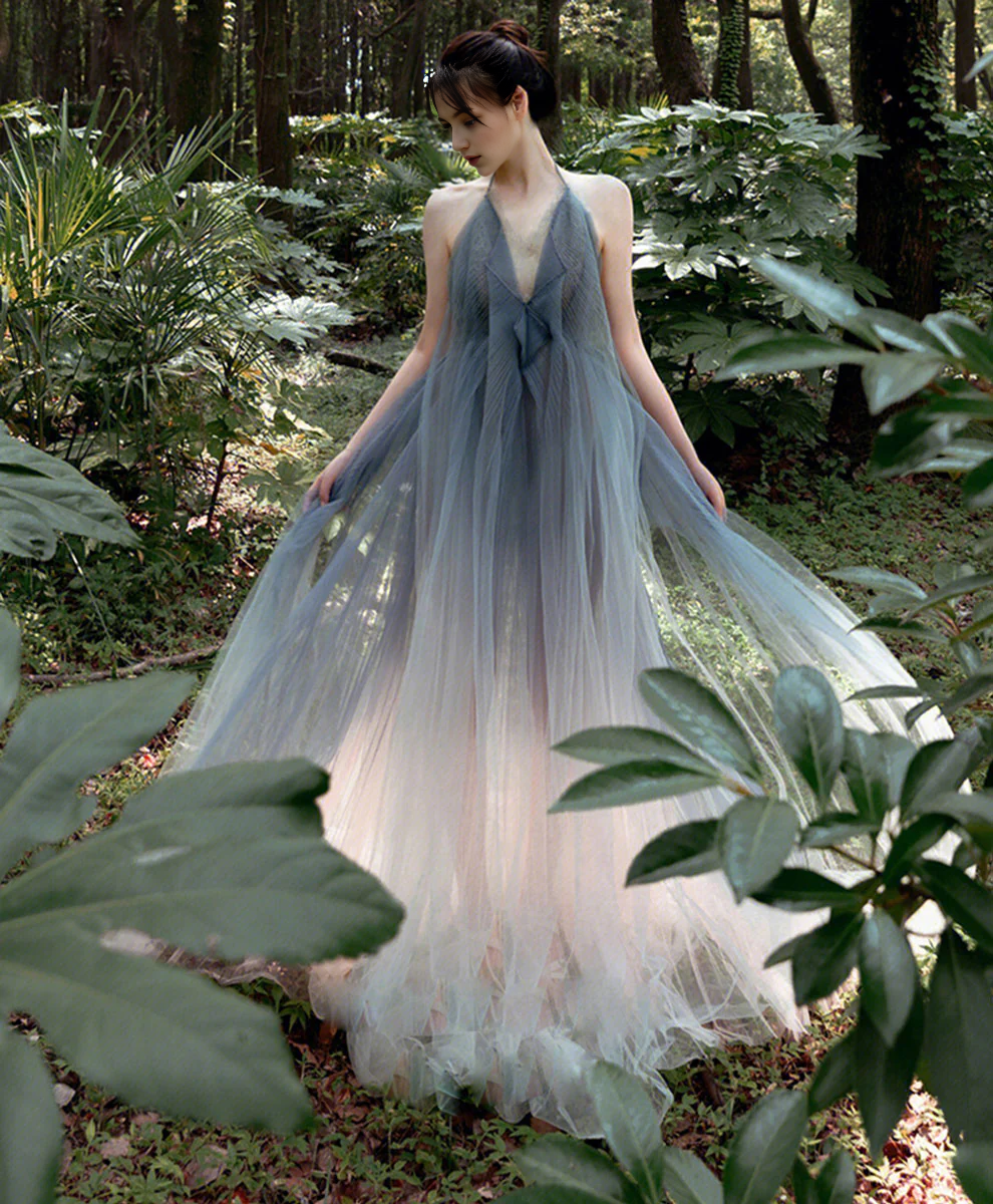 V Neck Tulle Backless Halter Prom Dress