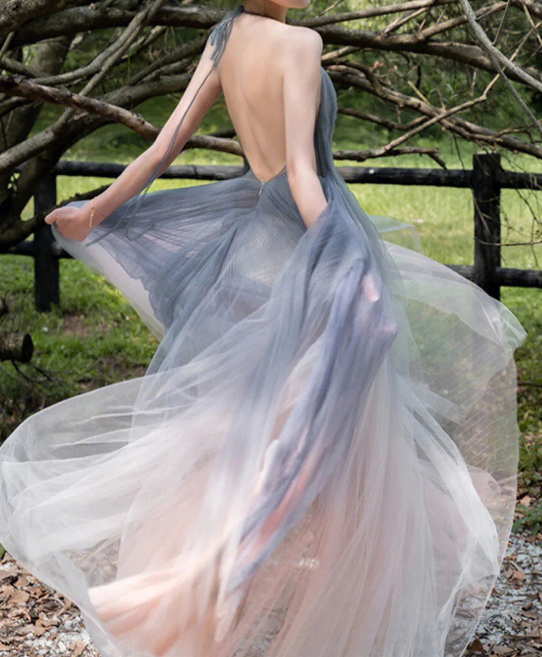 V Neck Tulle Backless Halter Prom Dress