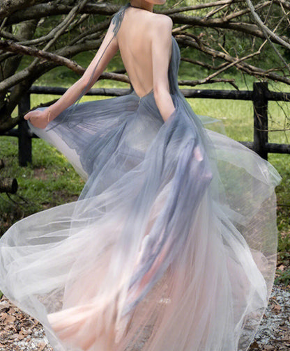V Neck Tulle Backless Halter Prom Dress
