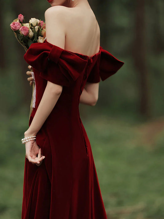 Velvet A Line Burgundy Off-the-Shoulder Floor Length Prom Dress