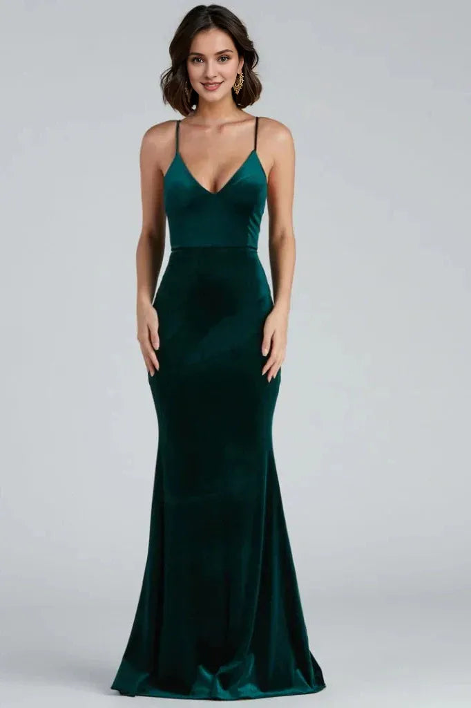 Ruffled Velvet Floor Length Mermaid V Neck Spaghetti Straps Evening Dress