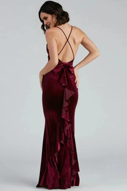 Ruffled Velvet Floor Length Mermaid V Neck Spaghetti Straps Evening Dress