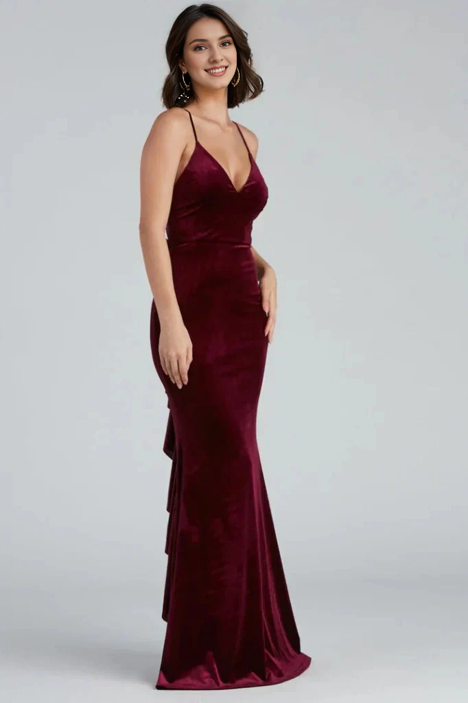 Ruffled Velvet Floor Length Mermaid V Neck Spaghetti Straps Evening Dress