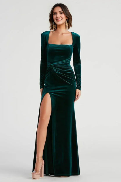 Elegant Velvet Mermaid Square‑Neck Long‑Sleeve Knot‑Waist High‑Slit Structured‑Shoulder Floor‑Length Evening Dresses
