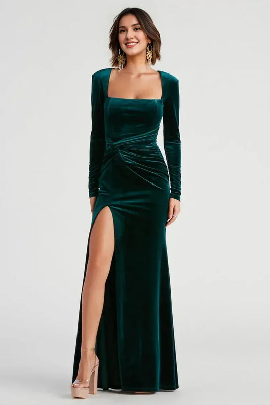 Elegant Velvet Mermaid Square‑Neck Long‑Sleeve Knot‑Waist High‑Slit Structured‑Shoulder Floor‑Length Evening Dresses