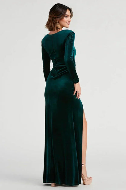 Elegant Velvet Mermaid Square‑Neck Long‑Sleeve Knot‑Waist High‑Slit Structured‑Shoulder Floor‑Length Evening Dresses