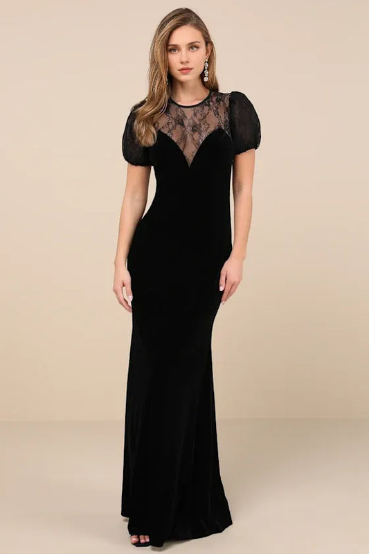Formal Women's Dresses Alluring Event Black Velvet Lace Puff Sleeve Maxi Dress Prom Dress Stores