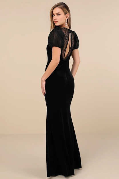 Formal Women's Dresses Alluring Event Black Velvet Lace Puff Sleeve Maxi Dress Prom Dress Stores