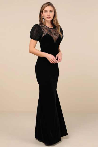 Formal Women's Dresses Alluring Event Black Velvet Lace Puff Sleeve Maxi Dress Prom Dress Stores