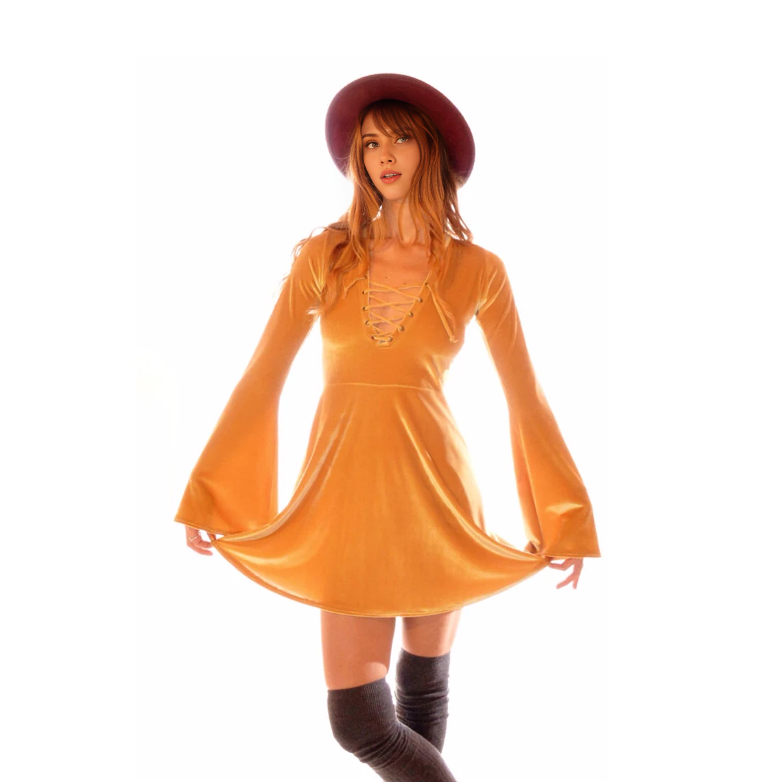 Velvet Lace Up Prom Dress With Bell Sleeves Mini Dress Skater Evening Dress Hippie Bohemian