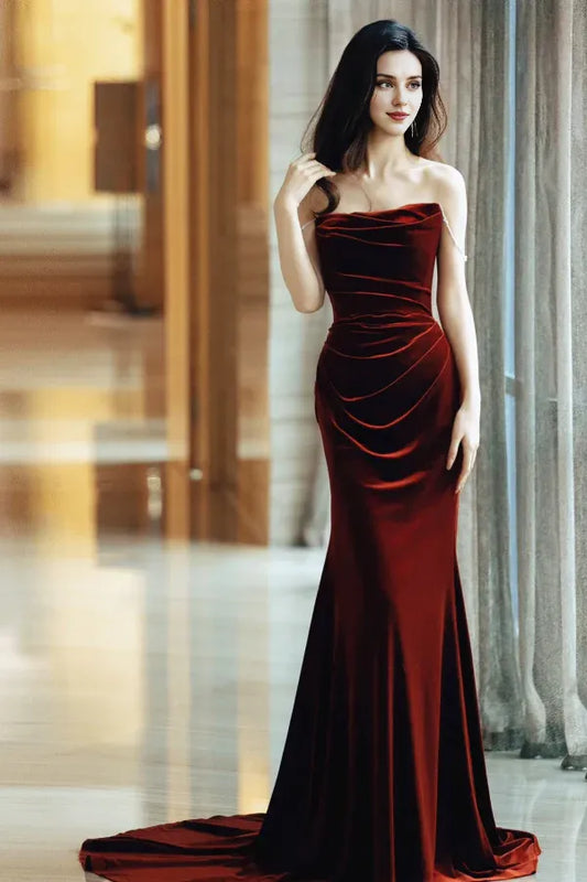 Prom Dresses Stores Wine Red Velvet Long Mermaid Wedding Party Dress Wine Red Prom Dress Formal Women's Dresses