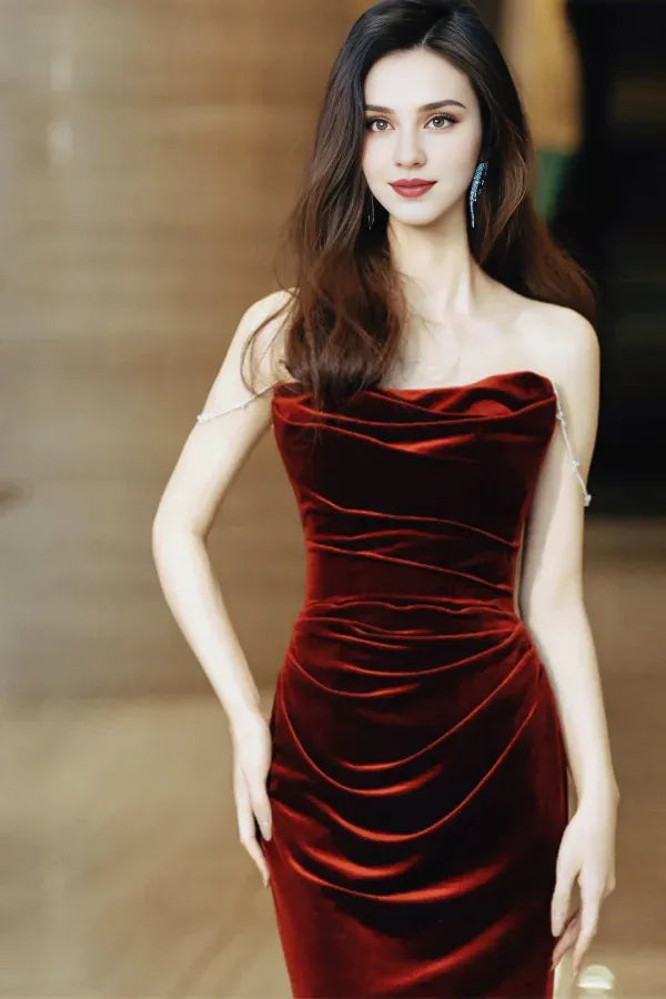 Prom Dresses Stores Wine Red Velvet Long Mermaid Wedding Party Dress Wine Red Prom Dress Formal Women's Dresses