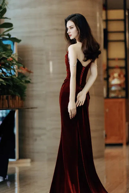 Prom Dresses Stores Wine Red Velvet Long Mermaid Wedding Party Dress Wine Red Prom Dress Formal Women's Dresses