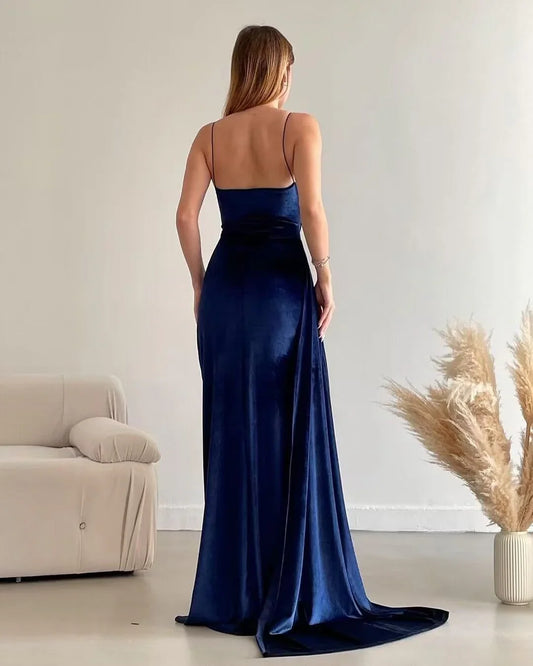 Formal Women's Dresses Spaghetti Straps Sheath Royal Blue Velvet Long Prom Dresses With Slit Prom Dresses Stores