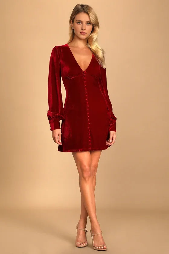 Formal Women's Dresses Wine Red Velvet Long Sleeve Button-Up Mini Dress In Prom Dress Shops