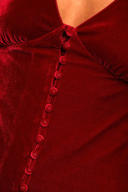 Formal Women's Dresses Wine Red Velvet Long Sleeve Button-Up Mini Dress In Prom Dress Shops