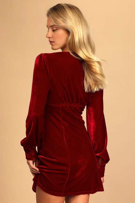 Formal Women's Dresses Wine Red Velvet Long Sleeve Button-Up Mini Dress In Prom Dress Shops