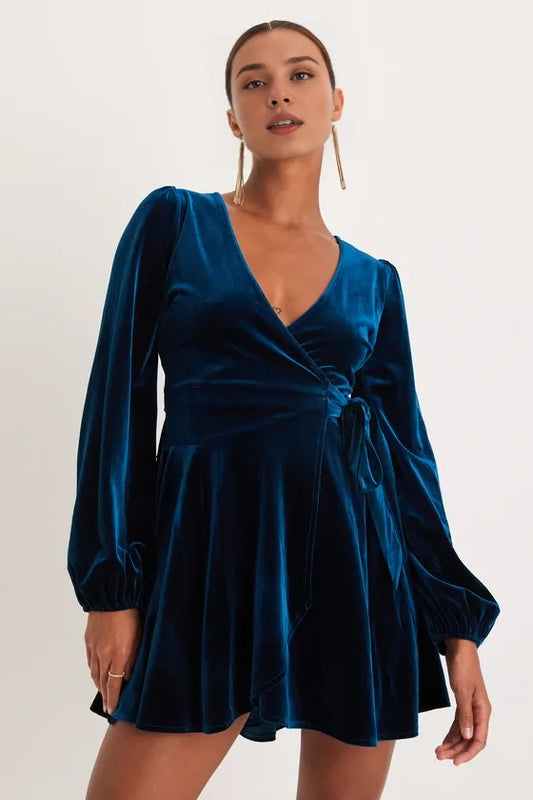 Formal Women's Dresses Charming Dark Teal Velvet Long Sleeve Wrap Mini Dress Prom Dress Stores
