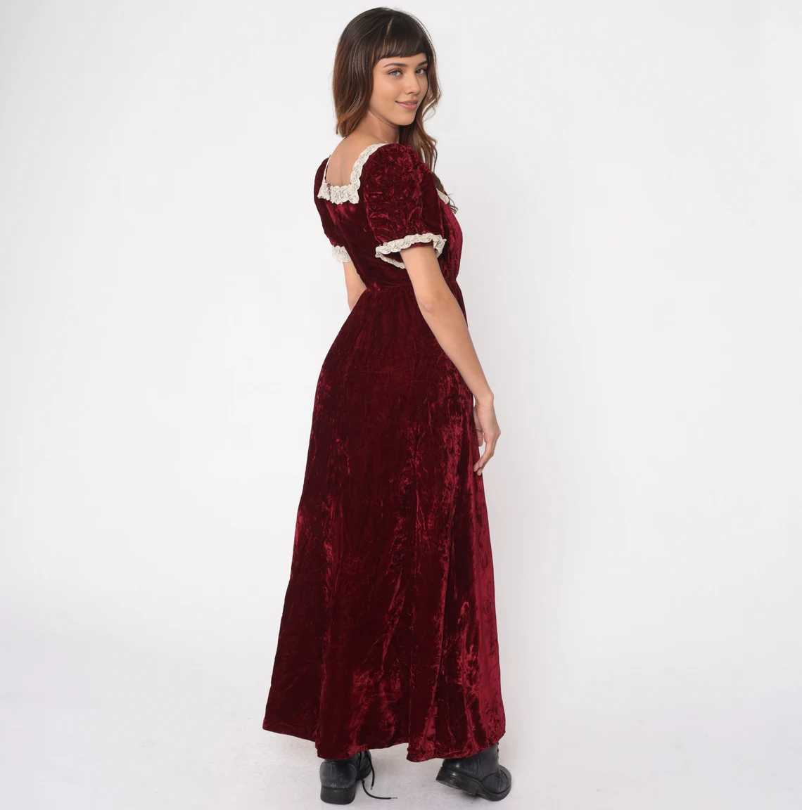 Velvet Maxi Dress Wine Red Party Gown Puff Sleeve Lace Trim Bohemian Prom Holiday Vintage