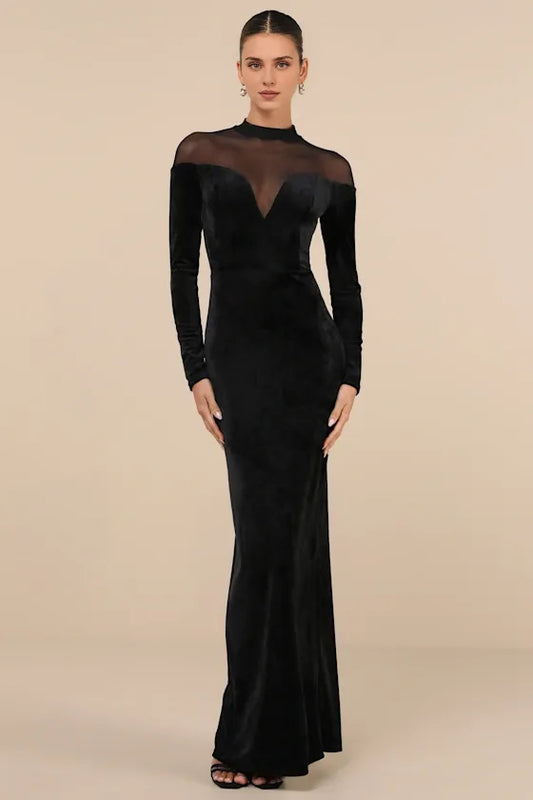 Formal Women's Dresses Exemplary Allure Black Velvet Mock Neck Long Sleeve Maxi Dress In Prom Dress Shops ﻿