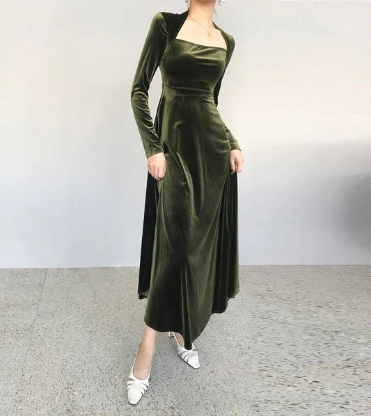 Formal Women's Dresses Long Sleeves Green Velvet Prom Dress A Line Evening Party Dress Prom Dresses Stores