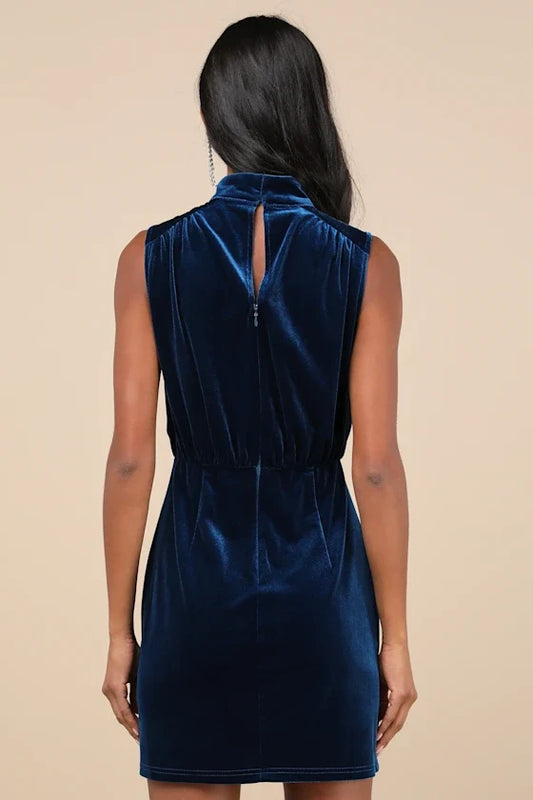 Formal Women's Dresses Gorgeous Darling Blue Velvet Sleeveless Mock Neck Mini Dres Prom Dress Shops