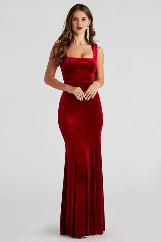 Velvet Square Neck Floor Length Mermaid Sleeveless Evening Dress