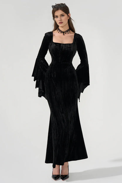 Velvet Square Neckline Flare Sleeve Floor Length Mermaid Prom Gown