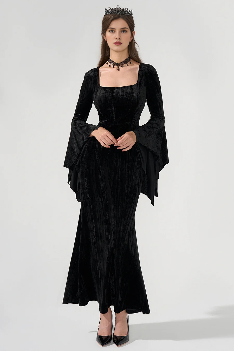 Velvet Square Neckline Flare Sleeve Floor Length Mermaid Prom Gown