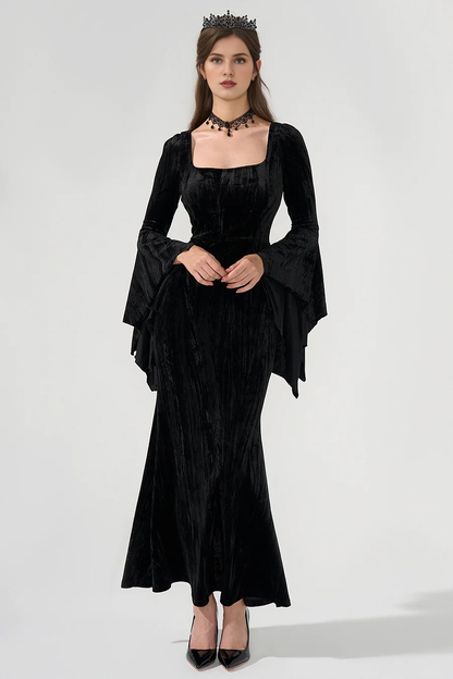 Velvet Square Neckline Flare Sleeve Floor Length Mermaid Prom Gown