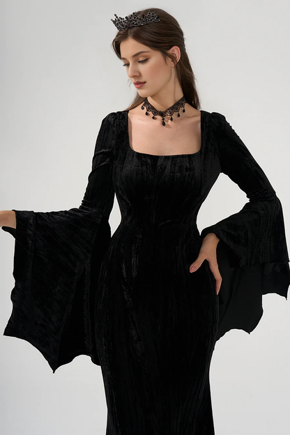 Velvet Square Neckline Flare Sleeve Floor Length Mermaid Prom Gown