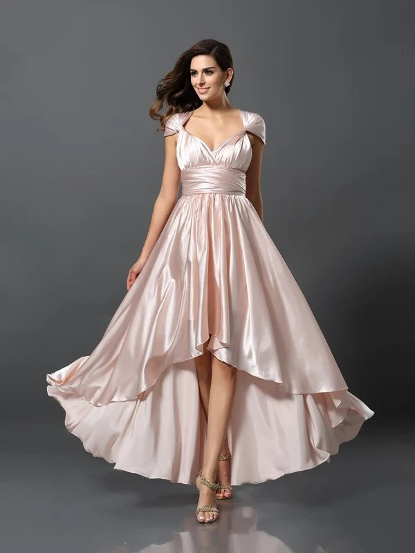 Blush Satin Convertible A‑Line Multiway Tie‑Strap Crisscross Open‑Back High‑Low Bridesmaid Dresses