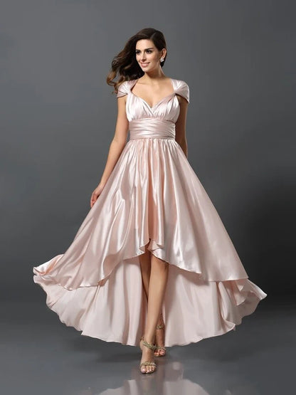 Blush Satin Convertible A‑Line Multiway Tie‑Strap Crisscross Open‑Back High‑Low Bridesmaid Dresses