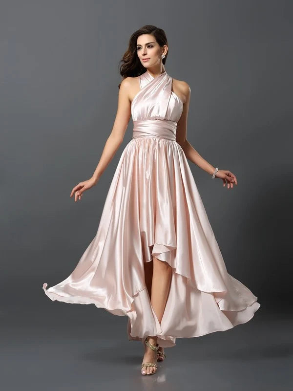 Blush Satin Convertible A‑Line Multiway Tie‑Strap Crisscross Open‑Back High‑Low Bridesmaid Dresses