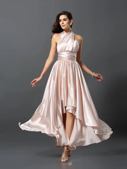 Blush Satin Convertible A‑Line Multiway Tie‑Strap Crisscross Open‑Back High‑Low Bridesmaid Dresses