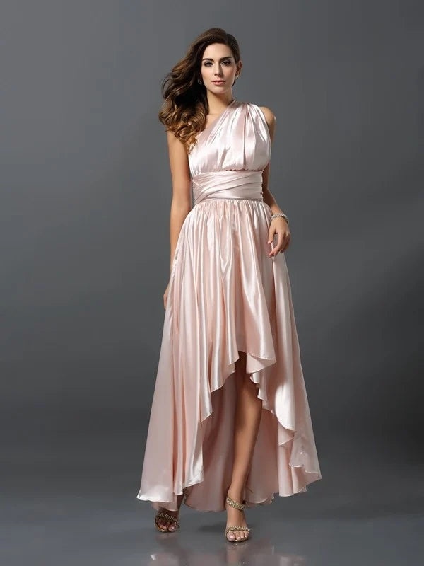 Blush Satin Convertible A‑Line Multiway Tie‑Strap Crisscross Open‑Back High‑Low Bridesmaid Dresses