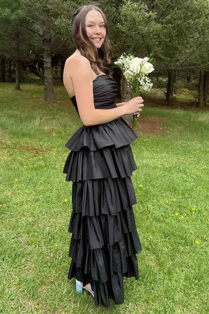 Vibrant Strapless Ruched Tiered Ruffle Satin Ball Gown With Slit