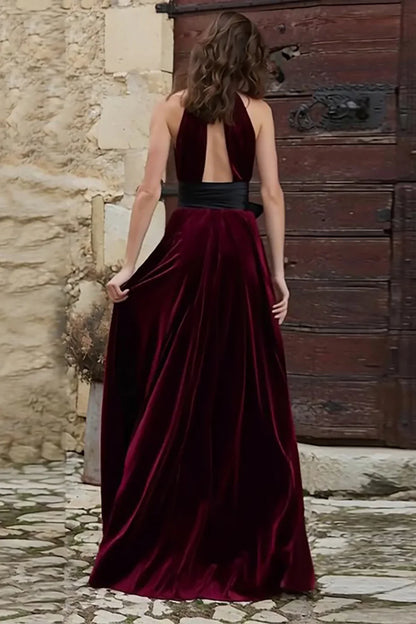 Vintage A-Line High Neck Sleeveless Velvet Sweep/Brush Train Prom Dress
