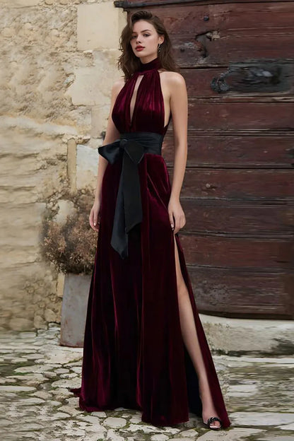 Vintage A-Line High Neck Sleeveless Velvet Sweep/Brush Train Prom Dress